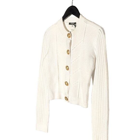 Balmain Gold Buttons White Cropped Cardigan Sweater - Picture 2 of 9